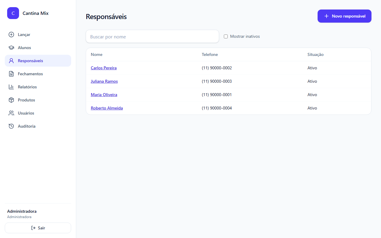 Lista de responsáveis