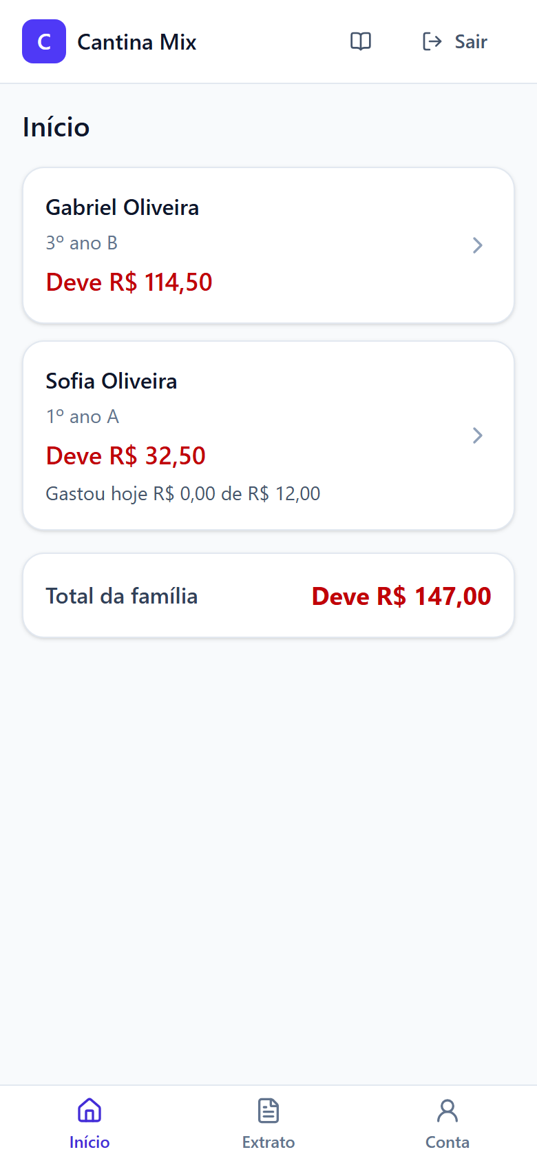 Tela Início da área da família no celular, com o saldo de cada filho